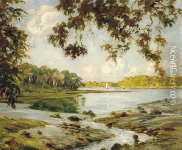 Verdant River Landscape Oil Painting - Andre Eugene Dauchez