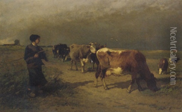 A Shepherdess Leading The Cows Home Oil Painting - Richard Burnier