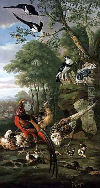 Cock pheasant, hen pheasant and chicks and other birds in a classical landscape Oil Painting - Pieter Casteels