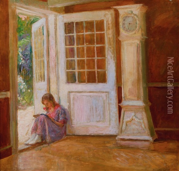 Reading Girl In An Interior Oil Painting - Poul Friis Nybo