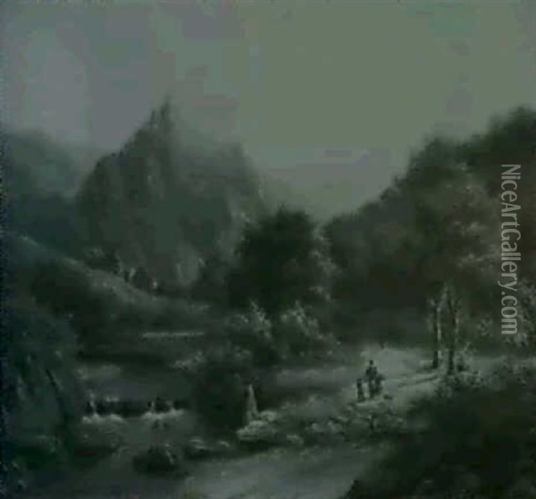 Gebirgstal Mit Einer Bauern- Familie Auf Dem Pfade Am Ufer  Des Flusschens Rechts Oil Painting - Marinus Adrianus Koekkoek