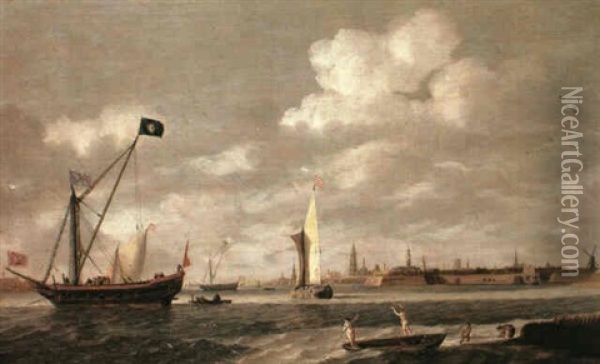 Dignitaries In A Rowing Boat Approaching A State Yacht At   Anchor In Mid Estuary Before The Walls Of The City Of Oil Painting - Bonaventura Peeters the Elder