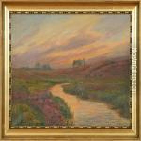 Sunset With A Heather Landscape Oil Painting - Poul Friis Nybo