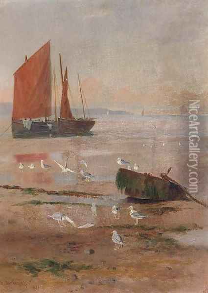 Seagulls on beach at low tide with fishing boats on the shore Oil Painting - Henry Spernon Tozer
