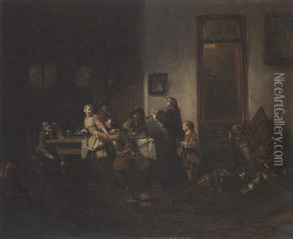 Figures In A Tavern Oil Painting - Jan van der Pyl