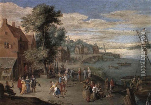 River Landscape With Gentry And Peasants Dancing On A Quay Oil Painting - Peter Gysels