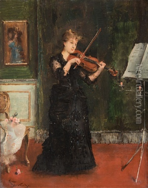 Madame Blouet Playing The Violin Oil Painting - Alfred Stevens