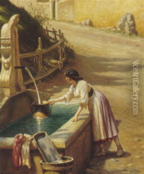 Ung Italiensk Kvinde Ved En Fontaine Oil Painting - Niels Frederik Schiottz-Jensen