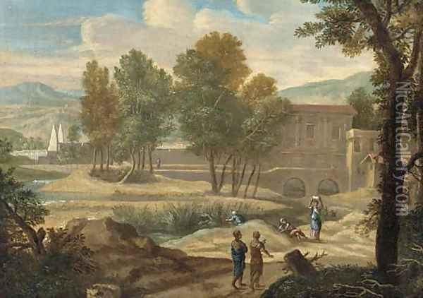 A classical landscape with figures on a path, a villa beyond Oil Painting - Jan Frans Van Bloemen (Orizzonte)