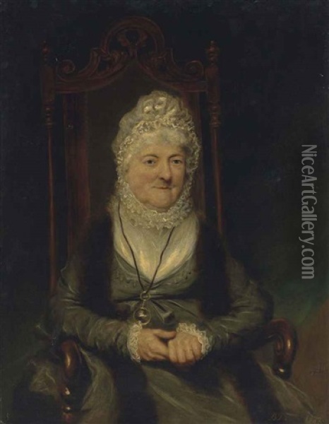 Portrait Of A Lady, Seated Half Length, Wearing A Green Dress And A Ribbon Bonnet With A Looking Glass Oil Painting - Benjamin Duterrau
