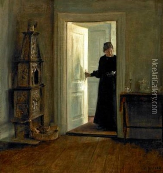 Interior With A Woman Carrying A Tray Through A Sunlit Doorway Oil Painting - Carl Vilhelm Holsoe