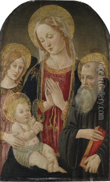 The Madonna And Child With A Monastic Saint And An Angel Oil Painting - Master Of The Fiesole Epiphany