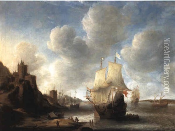An Amsterdam Man-o'-war And Other Shipping On A River By A Castle Oil Painting - Jan Abrahamsz. Beerstraten
