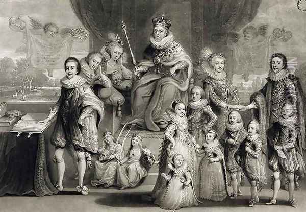 His Majesty James I and his Royal Progeny together with the Family of the King of Bohemia, engraved by Charles Turner 1773-1857, 1814 Oil Painting - Simon de Passe