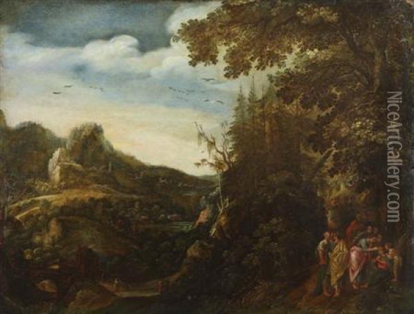 A Wooded Landscape With Christ Healing A Blind Man Oil Painting - Pieter Schoubroeck