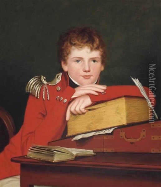 Portrait Of A Boy, Half-length, In Uniform, Leaning On A Book On A Writing Desk Oil Painting - Robert Home