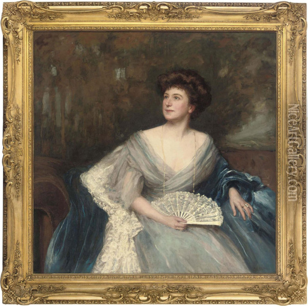 Portrait Of Mrs James Herbert Wild (nee Sarah Alice Nesbit Rhodes Of Glossop), Seated Three-quarter-length, In A Light Blue Dress And Dark Blue Wrap, Holding A Fan Oil Painting - Maud Hall-Neale