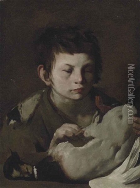 A Young Boy Plucking A Duck Oil Painting - Aniello Falcone