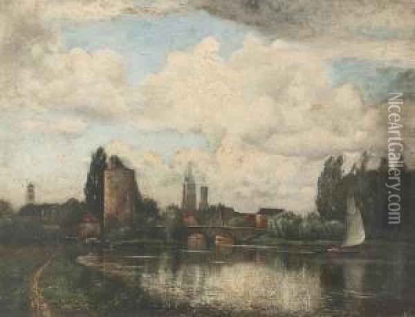 Sommerliche Flussuferpartie Am Rande Von Brugge. Oil Painting - Charles Francois Vuillermet