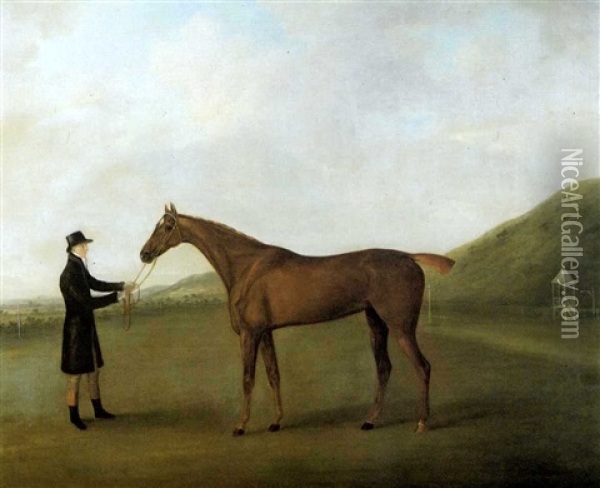 The Brown Mare 'barbara' Held By A Groom On A Racecourse Oil Painting - John Nost Sartorius