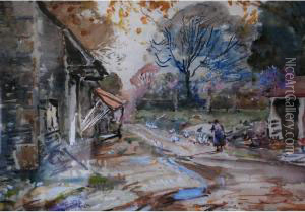 'old Farm, Newby Bridge' Oil Painting - Albert Woods