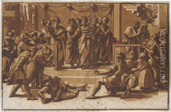 The Death Of Ananias (bartsch Xii, 46.27) Oil Painting - Ugo Da Carpi