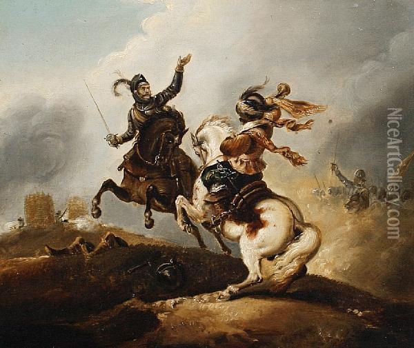 Cavaliers On Horseback; Rearing Horse In A Stable Oil Painting - Jan von Huchtenburgh