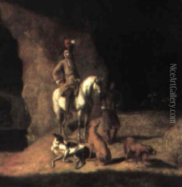 Gentleman On A White Horse With His Servant And Hounds Oil Painting - Ludolf de Jongh