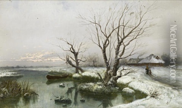 The Snowy Banks Of The River (collab. W/studio) Oil Painting - Yuliy Yulevich (Julius) Klever