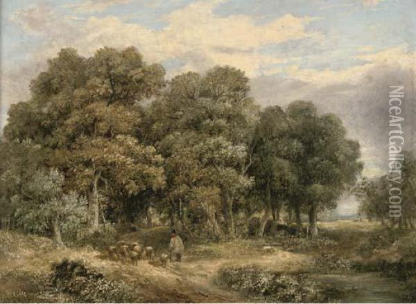 A Drover And His Flock In A Wooded Landscape Oil Painting - James Stark