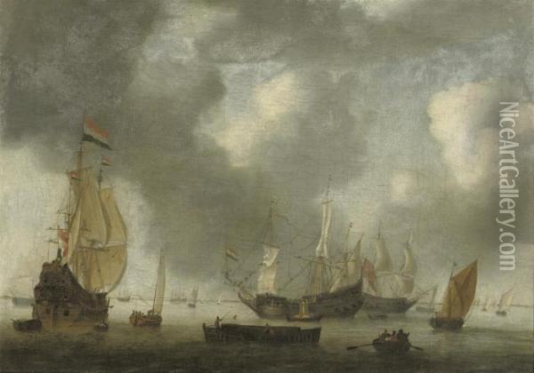Shipping In A Calm Sea Oil Painting - Regnier Remigius Zeeman /