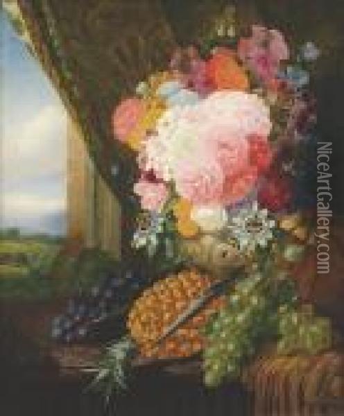 Still Life Paeonies, Passiflora,
 Pelargonium, Penstemon, Petunia, Pyracantha, With A Pineapple, Pumpkin 
And Grapes To The Side Oil Painting - William Duffield