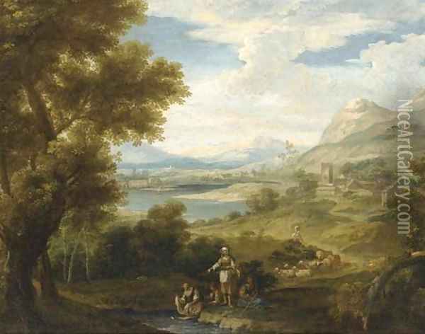 An extensive landscape with shepherdesses and washerwomen by a lake Oil Painting - Francesco Zuccarelli