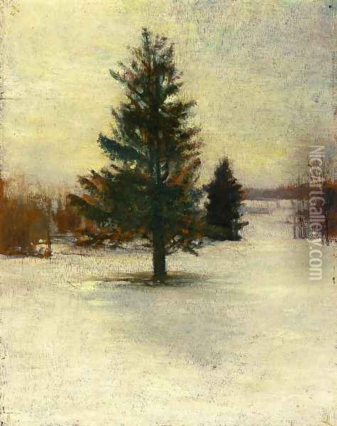 Snow Sketch Hillside With Cedars Evening Oil Painting - John La Farge