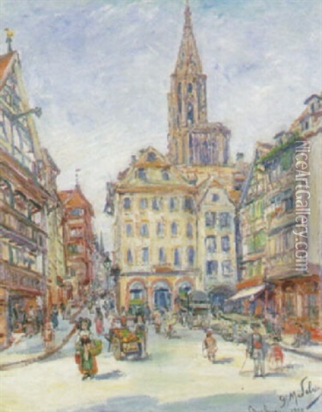Strasbourg, Rue Animee Pres De La Cathedrale Oil Painting - Gustave Madelain