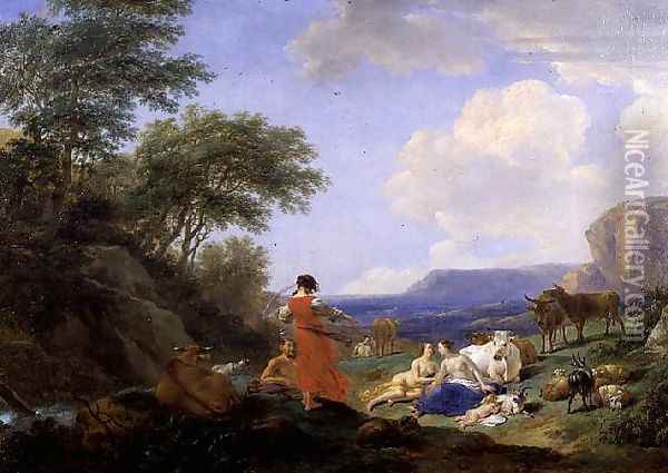 The Infant Jupiter with the Nymphs on Mount Ida 1650 Oil Painting - Nicolaes Berchem