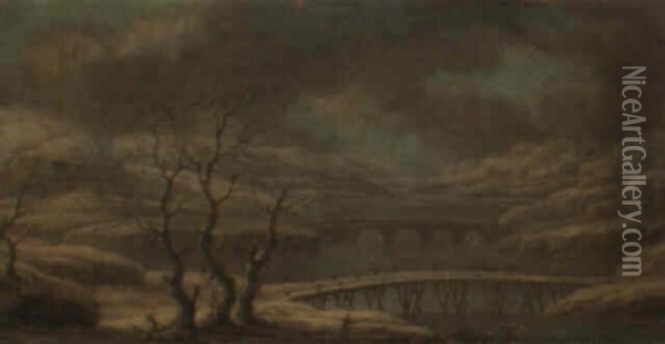 An Extensive Winter Landscape With Bridges Crossing A Frozen River Oil Painting - Orazio Grevenbroeck