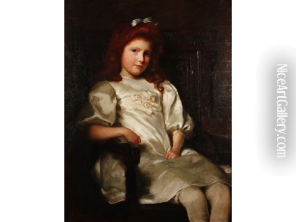 A Threequarter Length Portrait Of A Young Girl Seated In A Wainscot Chair And Wearing A White Dress Oil Painting - William Logsdail
