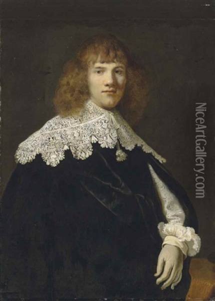 Portrait Of A Gentleman, Half-length, In A Black Velvet Cloak And White Lace Collar And Cuffs Oil Painting -  Rembrandt van Rijn