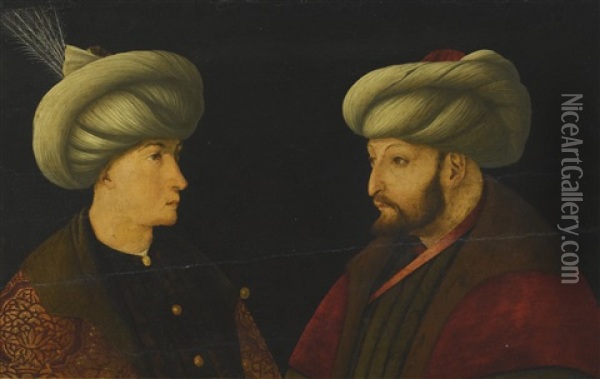 Portrait Of Sultan Mehmed Ii With A Young Dignitary Oil Painting - Gentile Bellini