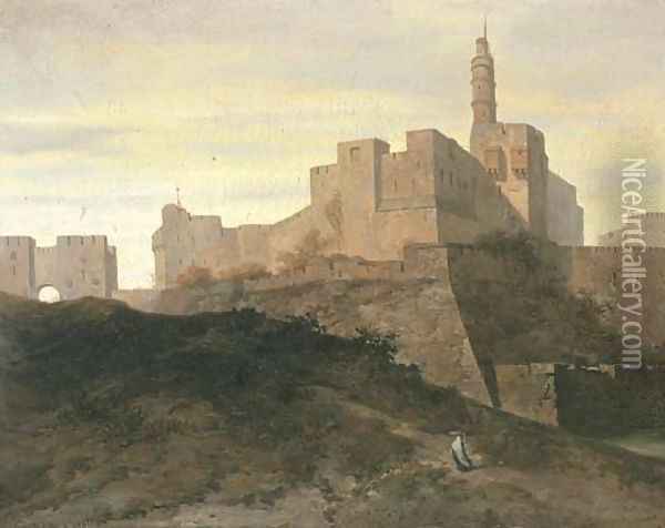 Jerusalem, a view of the city walls with the Gate of Jaffa and the Tower of David Oil Painting - Adrien Dauzats