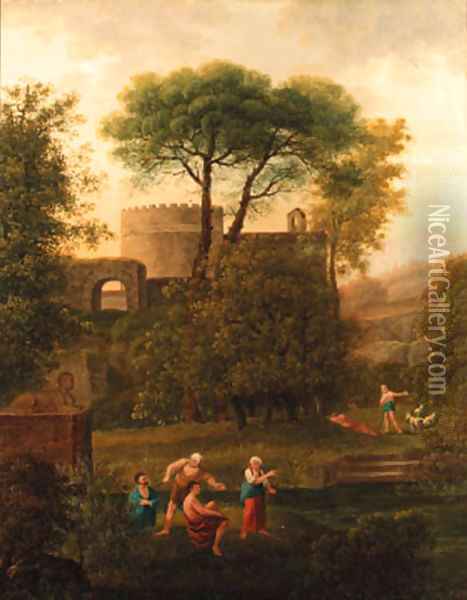 Figures in a classical landscape Oil Painting - Johann Kaspar Kuster