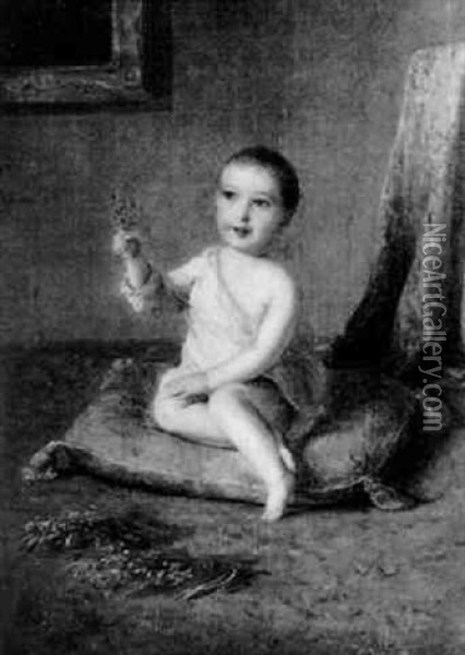 Portrat Eines Kleinkindes Mit Vergismeinnicht Oil Painting - Johann Baptist Reiter