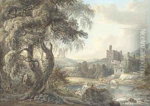 A wooded river landscape with figures and cattle, a castle beyond Oil Painting - Paul Sandby