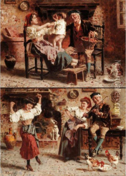 Grandfather's Pet; The Dancing Girl Oil Painting - Eugenio Zampighi
