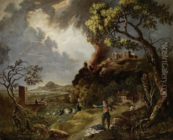 Gewitterlandschaft Mit Vom Blitz Getroffener Frau Und Ihrem Trauernden Gefahrten Oil Painting - Johann Matthias Wurzer