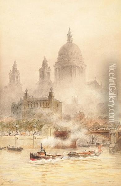 'st Paul's From The Thames' Oil Painting - Hubert James Medlycott