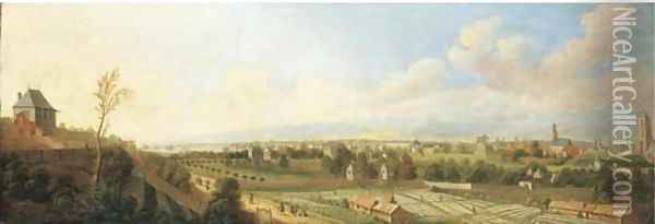 A panoramic view of Frankfurt am Main, with peasants bleaching linen Oil Painting - Johann Caspar Zehender