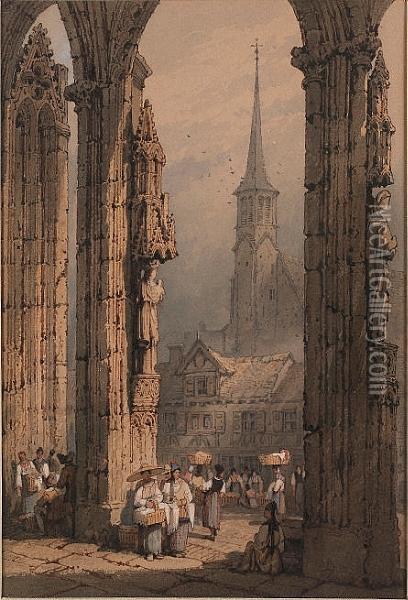 Figures At The Cathedral Portal, Ulm; Street Scene, Ulm, A Pair Oil Painting - Samuel Prout