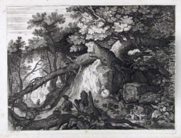 Wasserfall Mit Hirte Und Vier Ziegen Oil Painting - Aegidius Sadeler or Saedeler